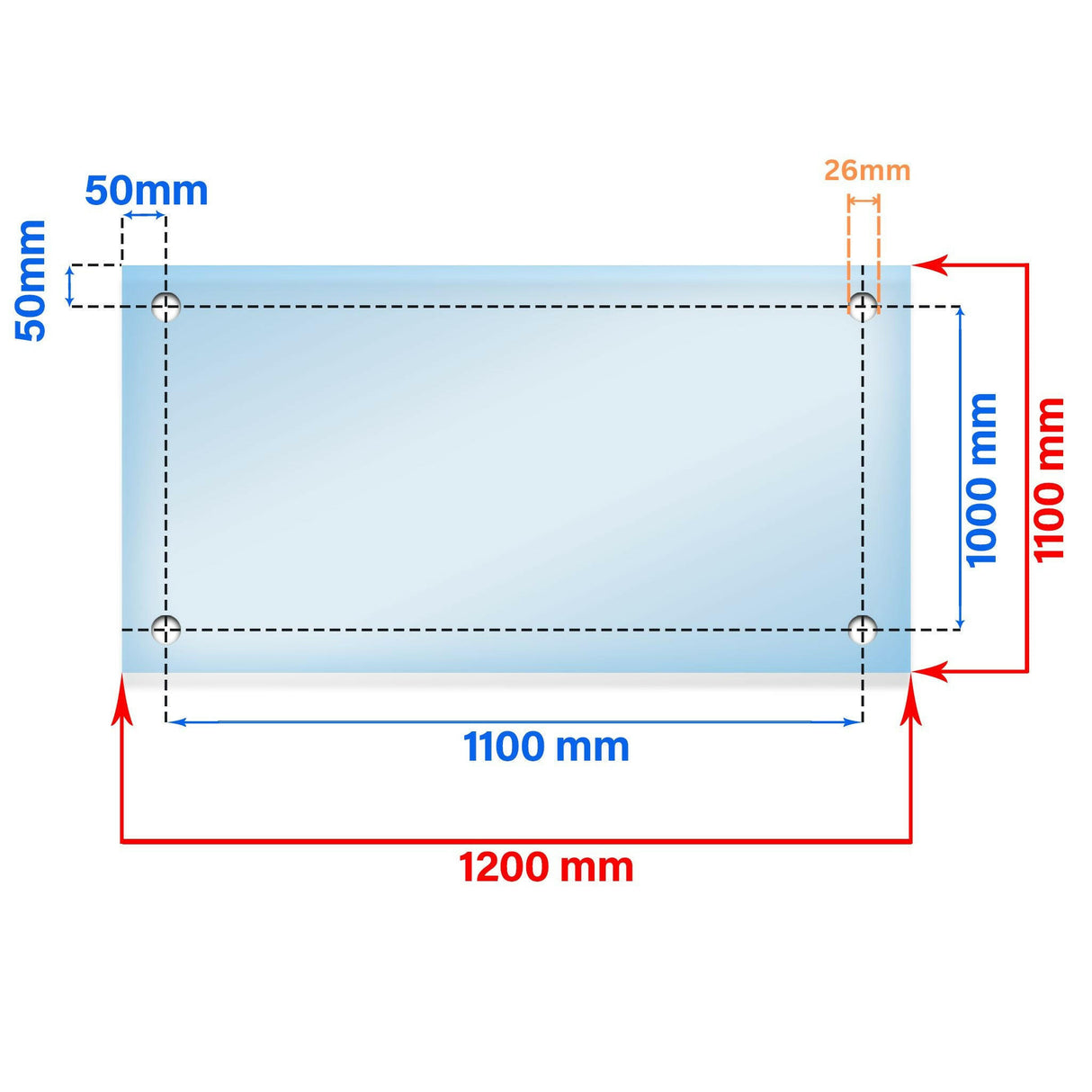 1200 x 1100 mm LD Balcone a Giulietta in vetro stratificato temperato.