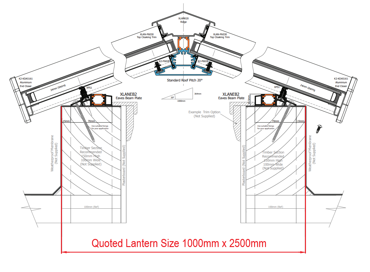 1000 x 2500 mm Stratus Aluminium Roof Lantern Style 2 (Traditional).