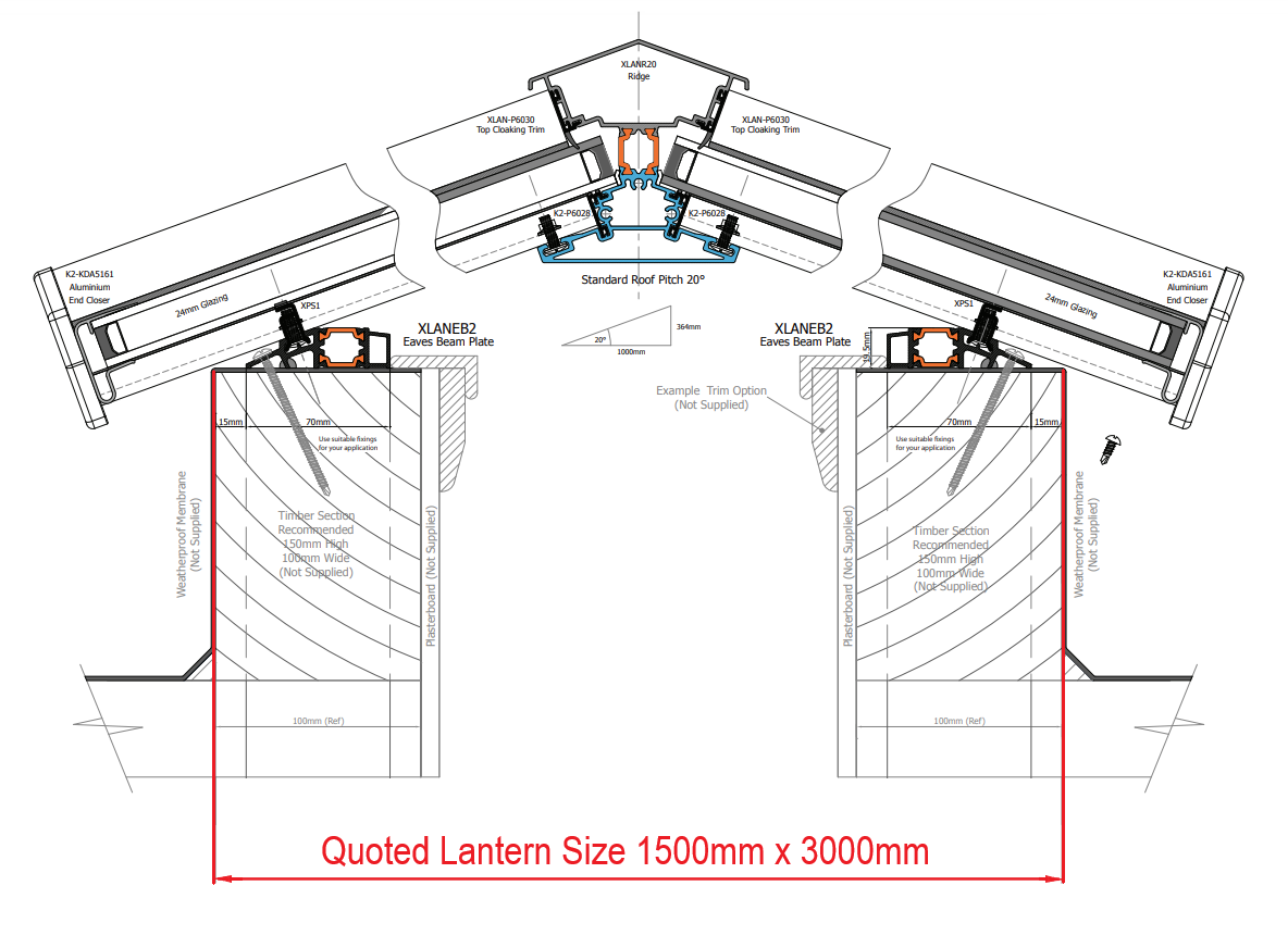 1500 x 3000 mm Lanterna da tetto in alluminio Stratus Stile 3 (tradizionale).
