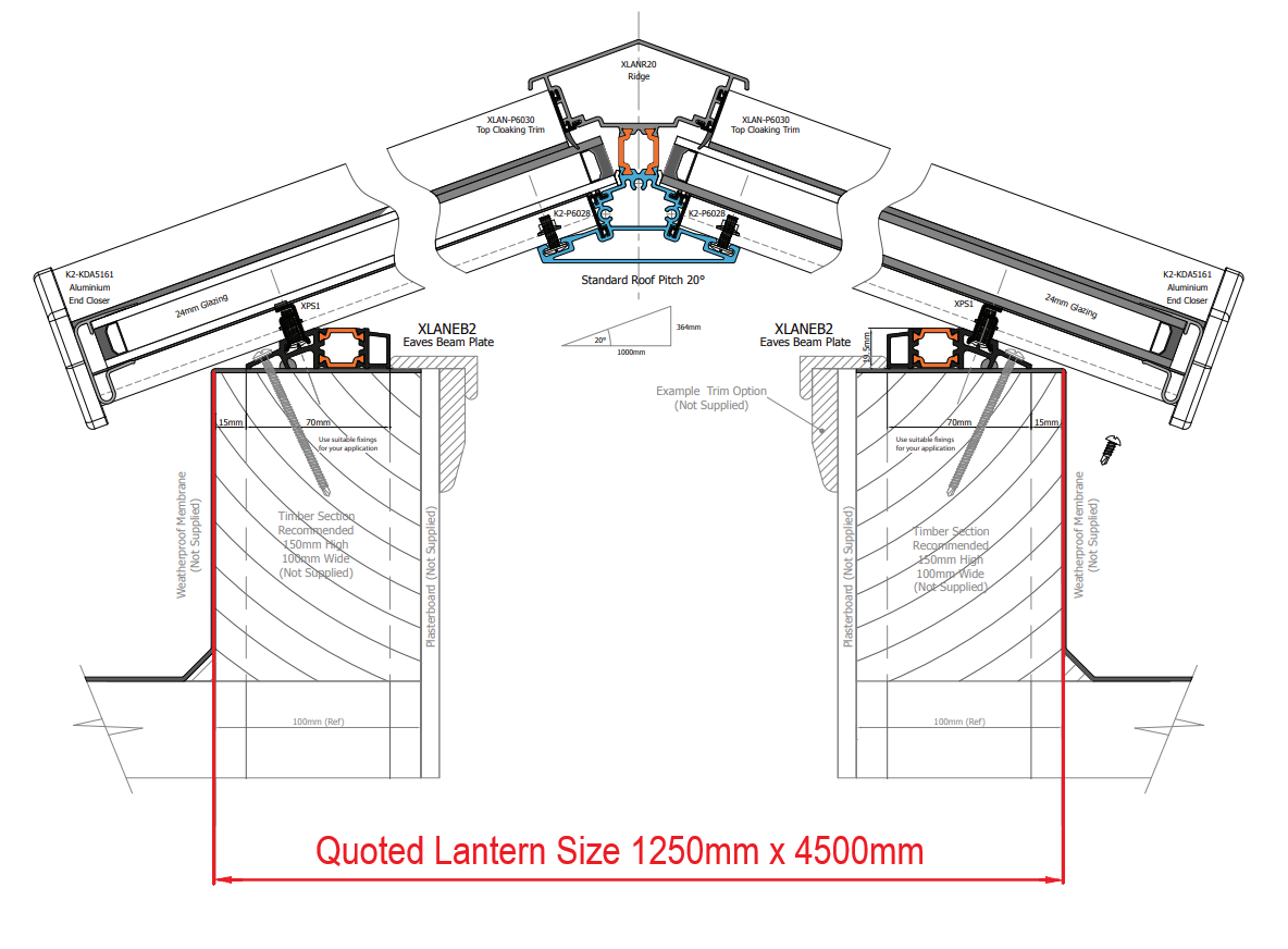 1250 x 4500 mm Lanterna da tetto in alluminio Stratus Stile 6 (tradizionale).
