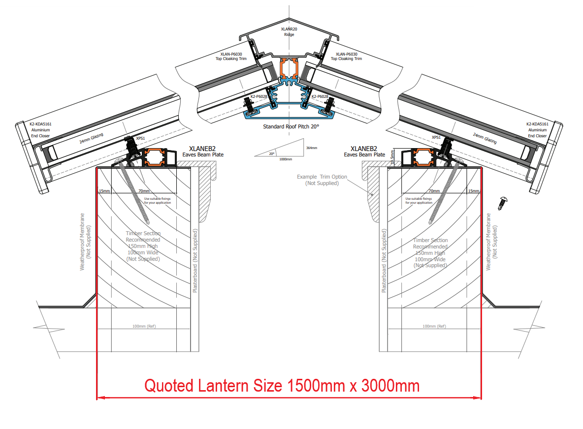 1500 x 3000 mm Lanterna da tetto in alluminio Stratus Stile 6 (tradizionale).