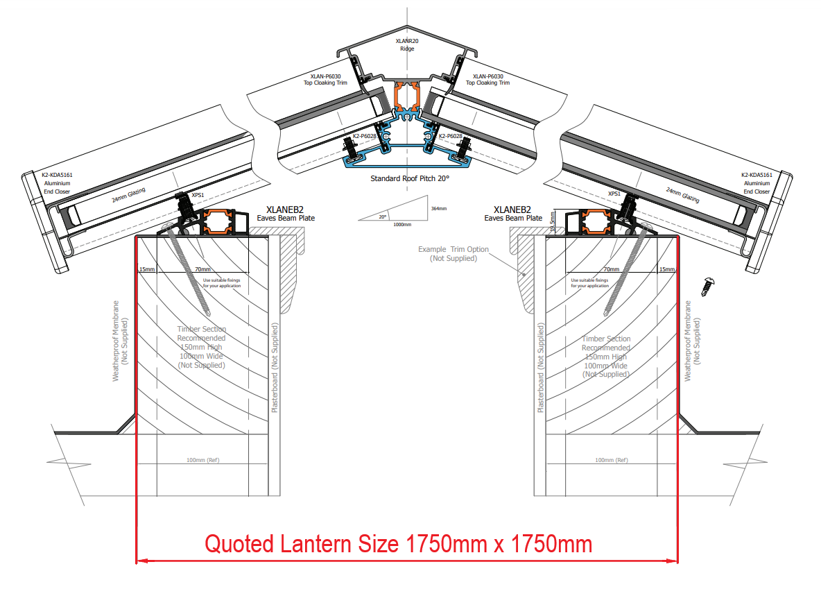 1750 x 1750 mm Stratus Aluminium Roof Lantern Style 8 (Pyramid).